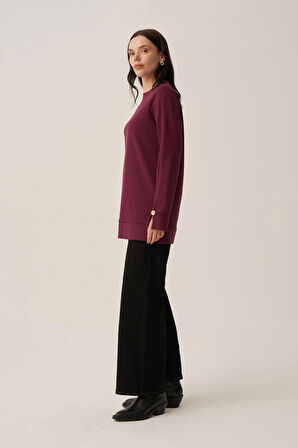 Bordo-Yumuşak Dokulu Gold Dügmeli Sweatshirt