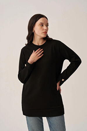 Siyah-Yumuşak Dokulu Gold Dügmeli Sweatshirt