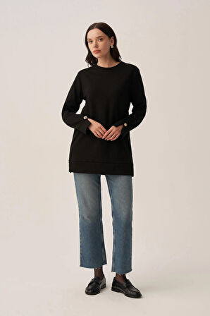 Siyah-Yumuşak Dokulu Gold Dügmeli Sweatshirt