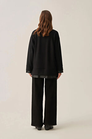 Siyah-Yumuşak Dokulu Deri Garnili Tunik