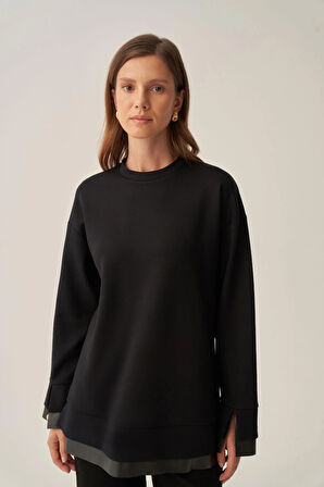 Siyah-Yumuşak Dokulu Deri Garnili Tunik