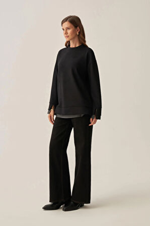 Siyah-Yumuşak Dokulu Deri Garnili Tunik