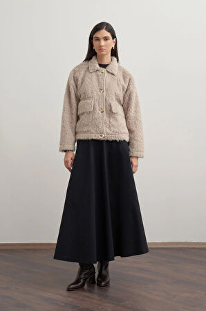 Vizon-Gold Dügmeli Peluş Ceket