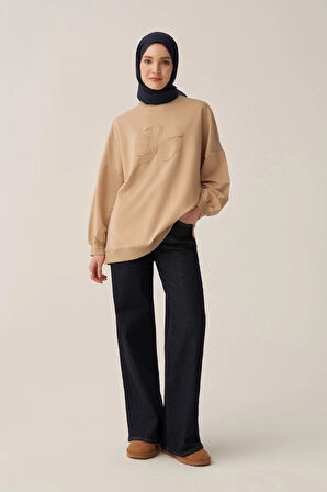 Bej-Pamuklu Aplikeli Sweatsirt