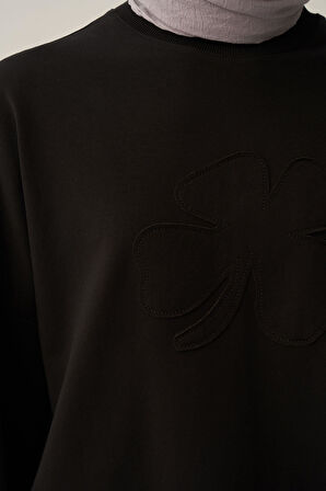 Siyah-Pamuklu Aplikeli Sweatsirt