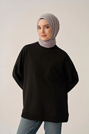 Siyah-Pamuklu Aplikeli Sweatsirt