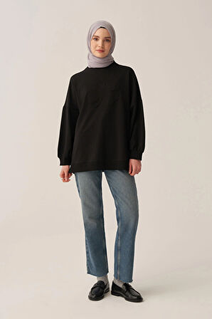 Siyah-Pamuklu Aplikeli Sweatsirt