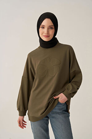 Haki-Pamuklu Aplikeli Sweatsirt