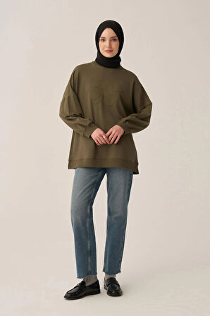 Haki-Pamuklu Aplikeli Sweatsirt