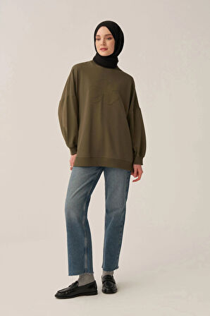Haki-Pamuklu Aplikeli Sweatsirt