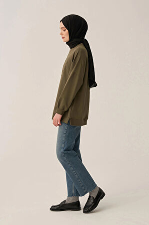 Haki-Pamuklu Aplikeli Sweatsirt