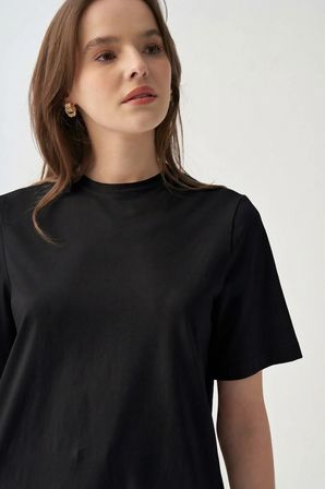 Siyah-Bisiklet Yaka Pamuklu T-Shirt