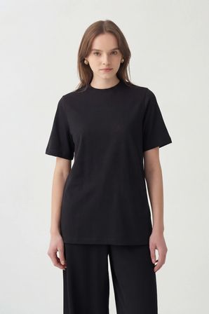 Siyah-Bisiklet Yaka Pamuklu T-Shirt