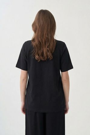 Siyah-Bisiklet Yaka Pamuklu T-Shirt
