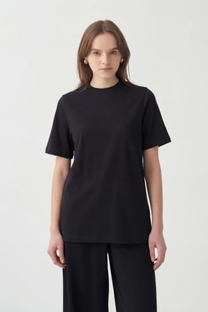 Siyah-Bisiklet Yaka Pamuklu T-Shirt