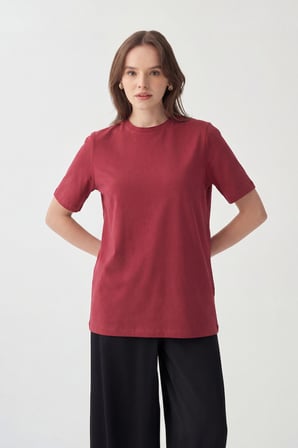Bordo-Bisiklet Yaka Pamuklu T-Shirt