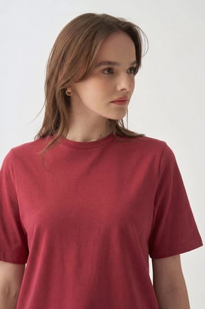 Bordo-Bisiklet Yaka Pamuklu T-Shirt