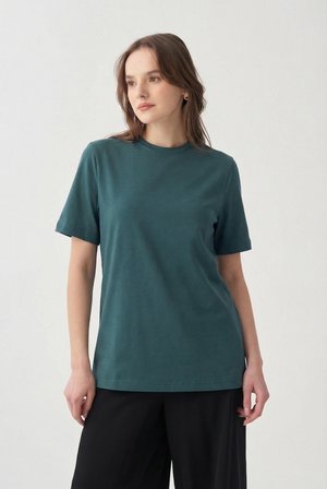 Yeşil-Bisiklet Yaka Pamuklu T-Shirt