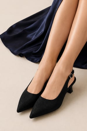 Lurezza Suni Deri Tül Detaylı Siyah Sivri Burunlu Stiletto