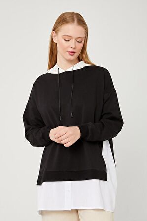 Levidor Siyah Kapuşonlu Gömlek Detaylı Sweat