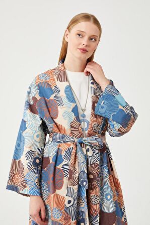 Levidor İndigo İkili Takım Keten Çiçekli Kimono