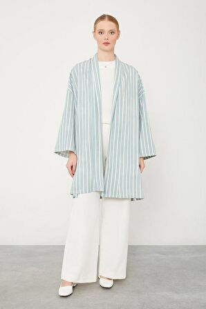 Levidor Mint Yeşili Çizgili Desen Kimono Takım