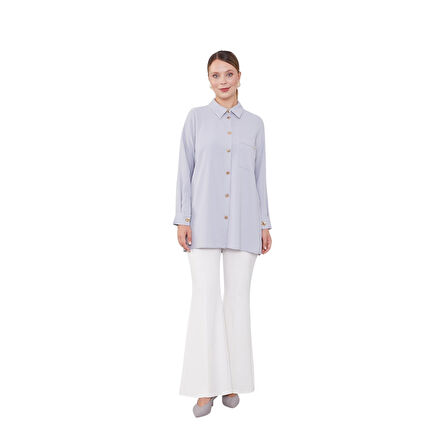 Kadın Gri Varak Düğmeli Gömlek 210076