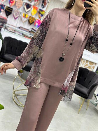 Levidor - Desenli Şifon Pantolonlu İkili Takım