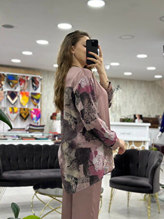 Levidor - Desenli Şifon Pantolonlu İkili Takım