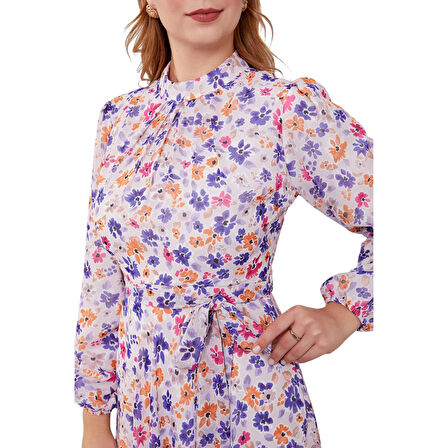 Kadın Astarlı Çiçek Desenli Belden Kuşaklı Elbise