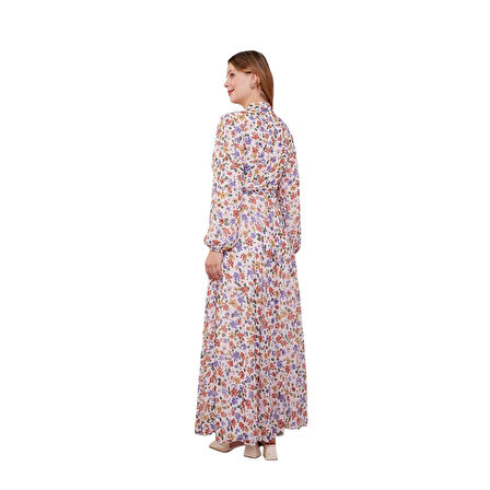 Kadın Astarlı Çiçek Desenli Belden Kuşaklı Elbise