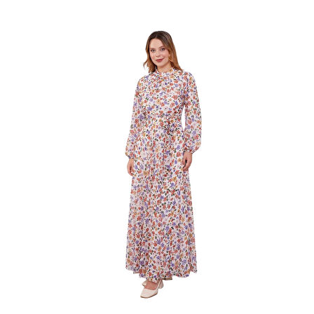 Kadın Astarlı Çiçek Desenli Belden Kuşaklı Elbise