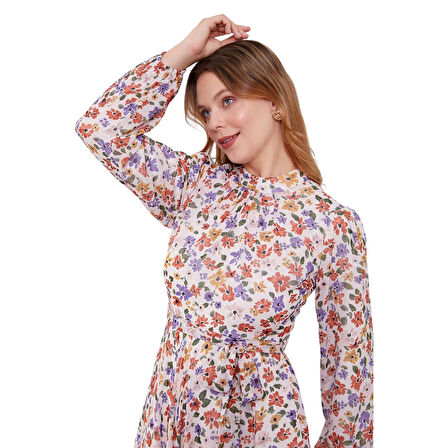 Kadın Astarlı Çiçek Desenli Belden Kuşaklı Elbise