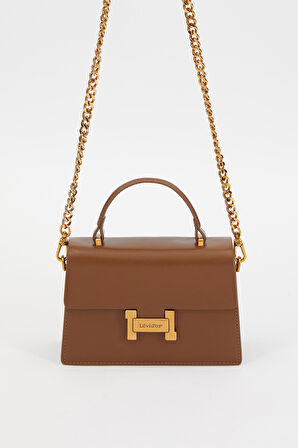 Kapaklı Logo ve Zincir Detaylı Kadın Şık El ve Omuz Çantası LV930237 Koyu Kahve
