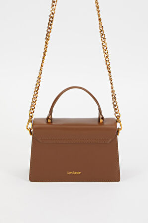 Kapaklı Logo ve Zincir Detaylı Kadın Şık El ve Omuz Çantası LV930237 Koyu Kahve