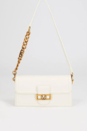 Kapaklı Logo ve Zincir Detaylı Kadın Şık Omuz Çantası LV930239 Beyaz