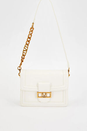 Kapaklı Logo ve Zincir Detaylı Kadın Şık Omuz Çantası LV930240 Beyaz