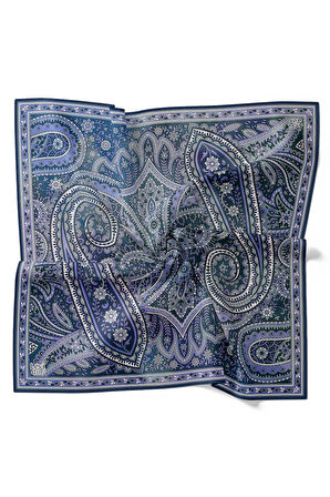 Mavi Retro Desen Twill İpek Eşarp