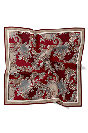 Bordo Motifli Twill İpek Eşarp