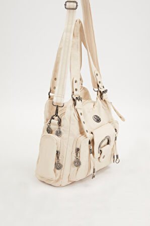 Beyaz Çok Gözlü Omuz Çantası