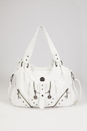 Beyaz Metal Zımba Detaylı Omuz Çantası