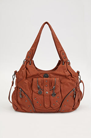 Turuncu Metal Zımba Detaylı Omuz Çantası