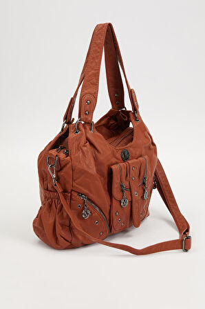 Turuncu Metal Zımba Detaylı Omuz Çantası