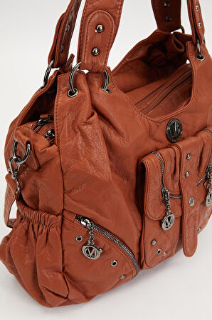 Turuncu Metal Zımba Detaylı Omuz Çantası