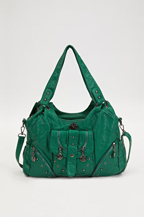 Yeşil Metal Zımba Detaylı Omuz Çantası