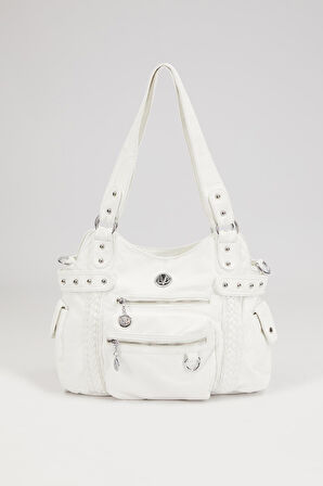 Beyaz Örgü Detaylı Omuz Çantası