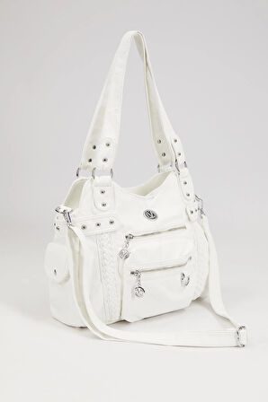 Beyaz Örgü Detaylı Omuz Çantası