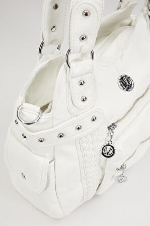 Beyaz Örgü Detaylı Omuz Çantası