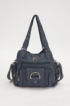 Mavi Örgü Detaylı Omuz Çantası