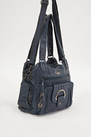 Mavi Örgü Detaylı Omuz Çantası